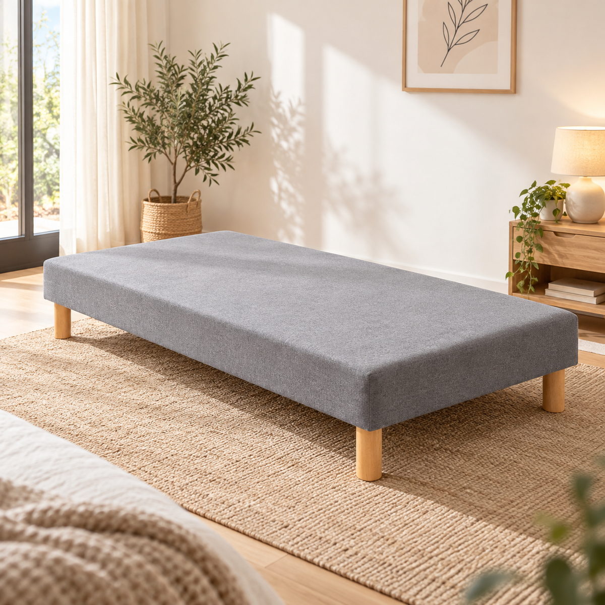 Sommier tapissier gris à lattes fixes – 90 × 190 cm, pieds inclus