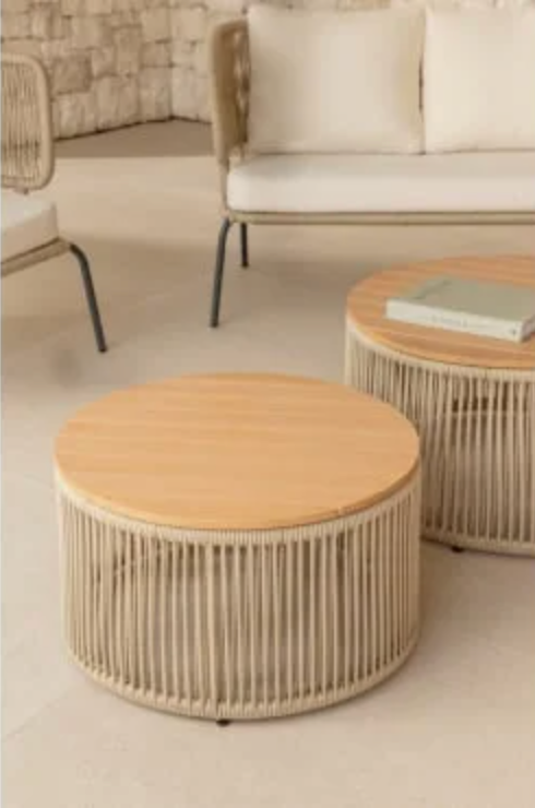 Table basse ronde en fer et corde tressée