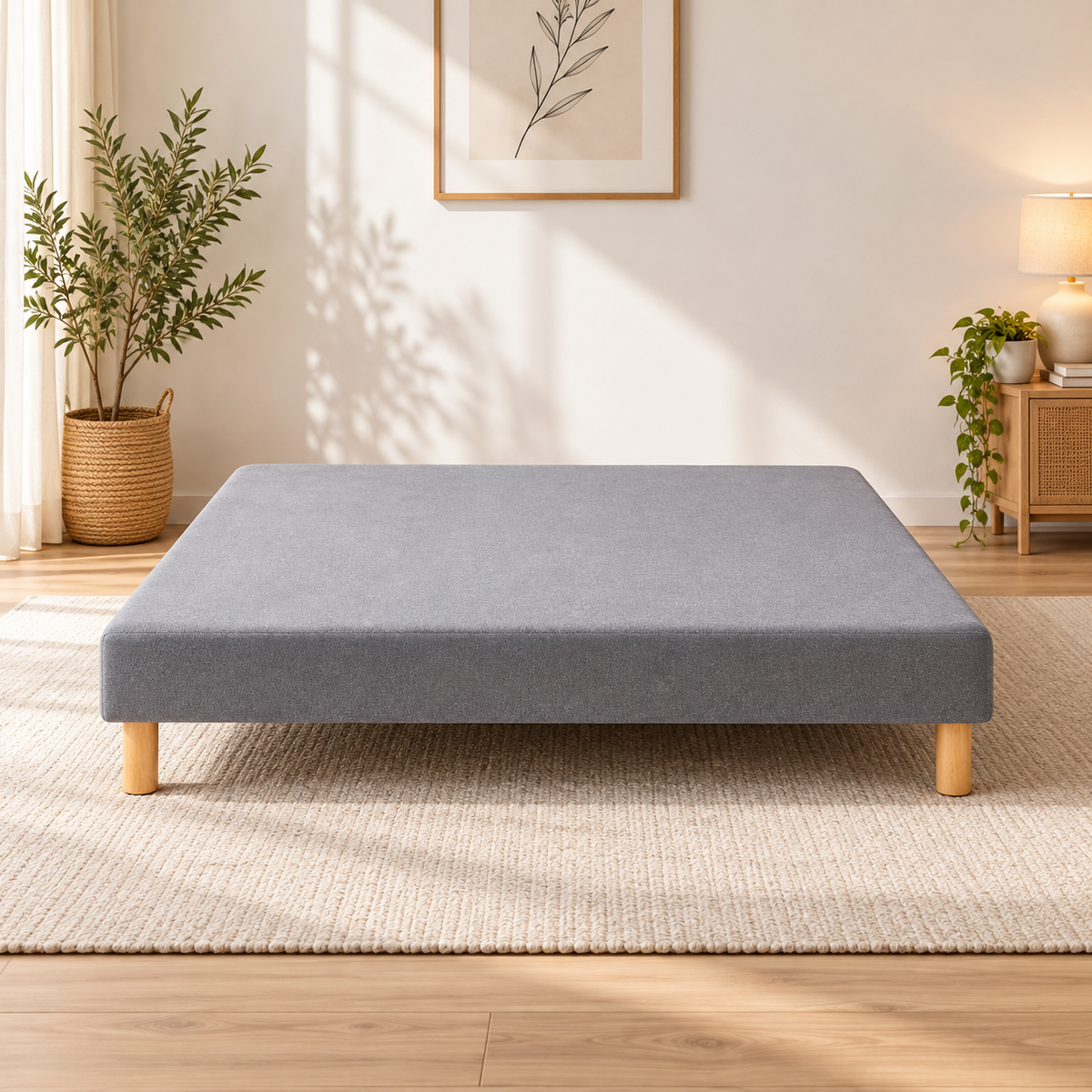 Sommier tapissier gris à lattes fixes – 140 × 190 cm, pieds inclus
