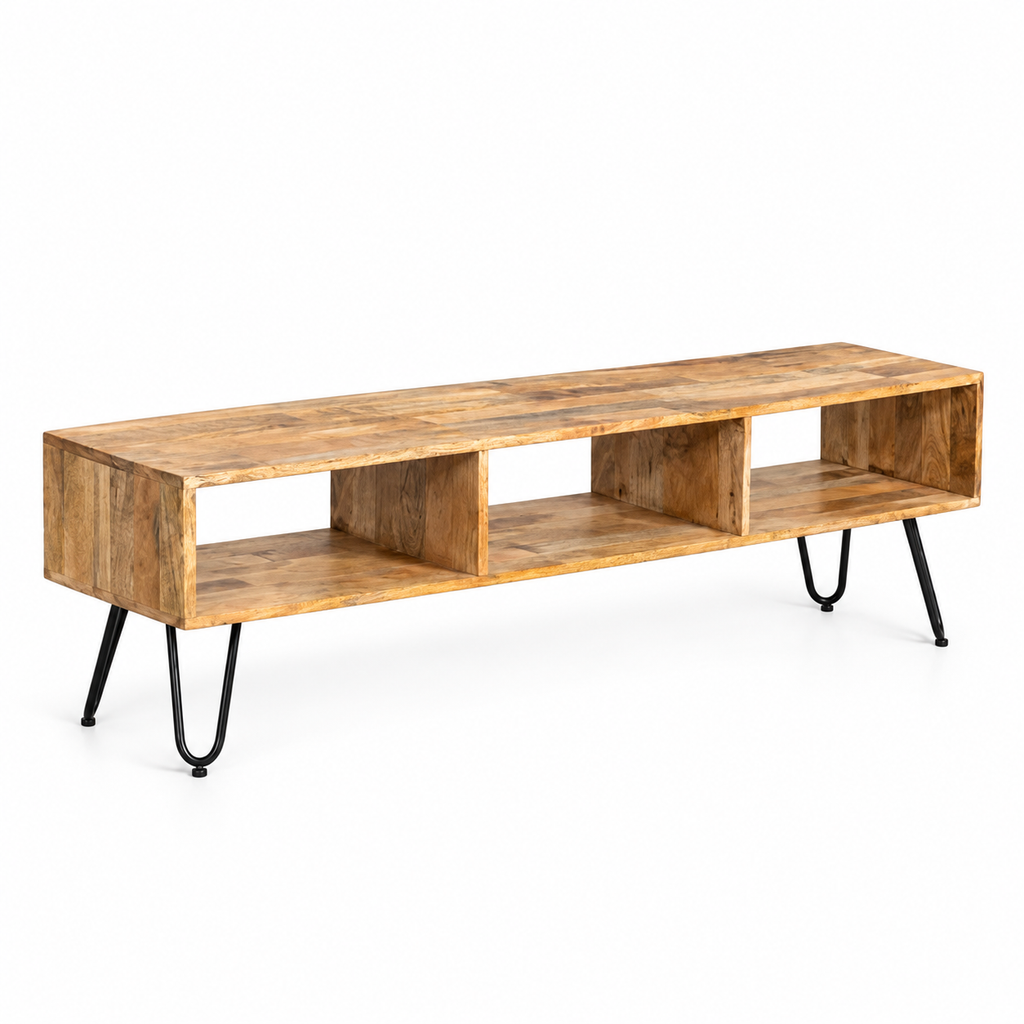Meuble TV 140x35 cm en bois de manguier et pieds fer