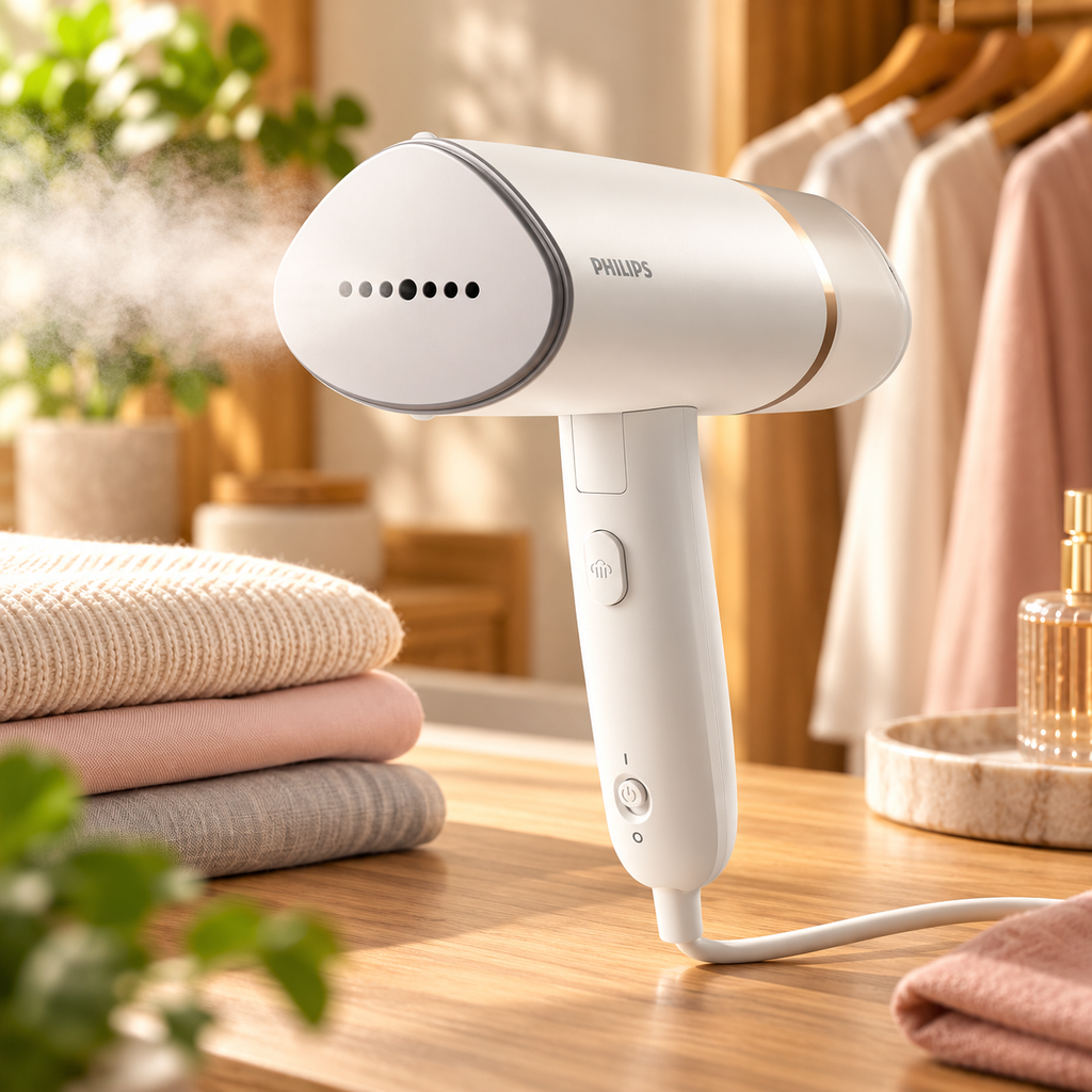 Défroisseur à main pliable 1 000 W – Blanc, 120 ml