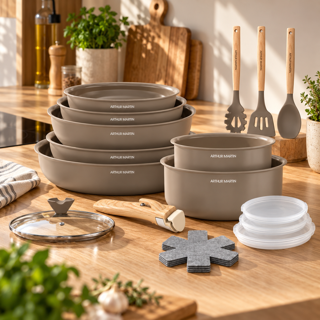 Batterie de cuisine 18 pièces en aluminium et céramique – Marron