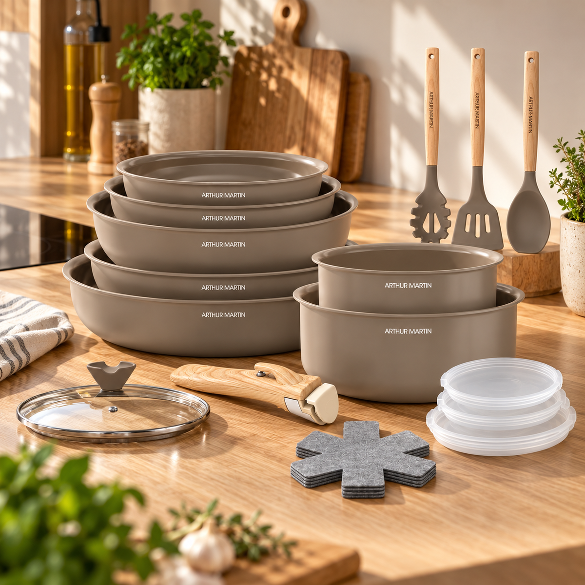 Batterie de cuisine 18 pièces en aluminium et céramique – Marron