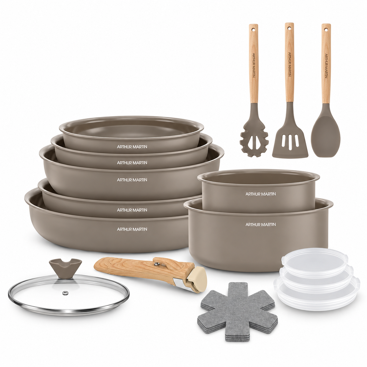 Batterie de cuisine 18 pièces en aluminium et céramique – Marron