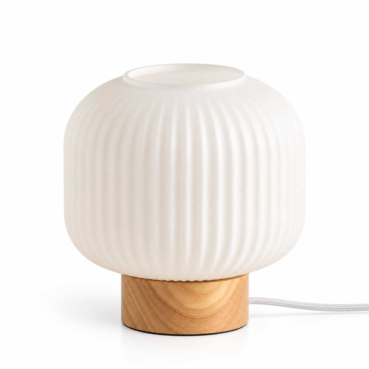 Lampe de table en bois d'hévéa et verre, abat-jour plissé