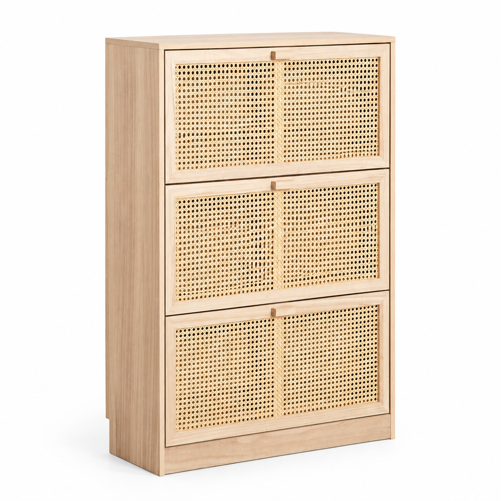 Meuble à chaussures en bois de paulownia et rotin – 3 compartiments