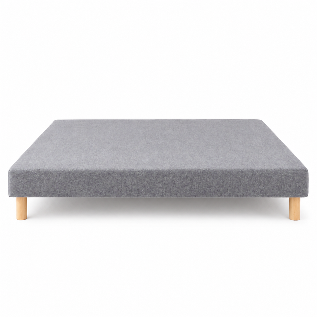 Sommier tapissier gris à lattes fixes – 140 × 190 cm, pieds inclus