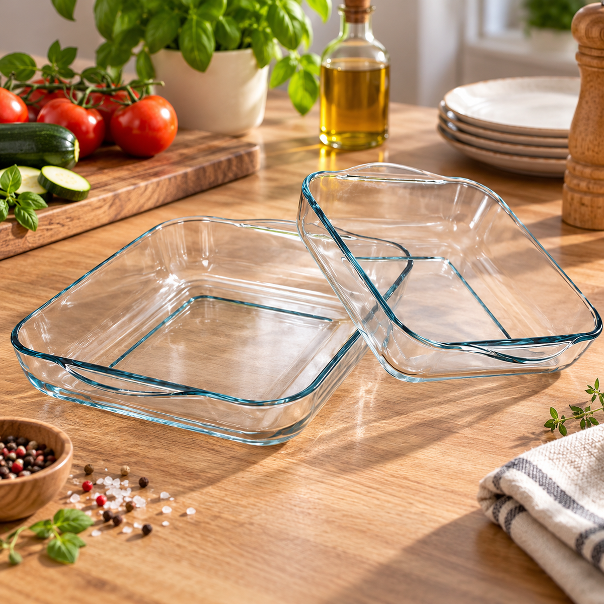 Set 2 plats carrés en verre — 22x22 et 28x28 cm