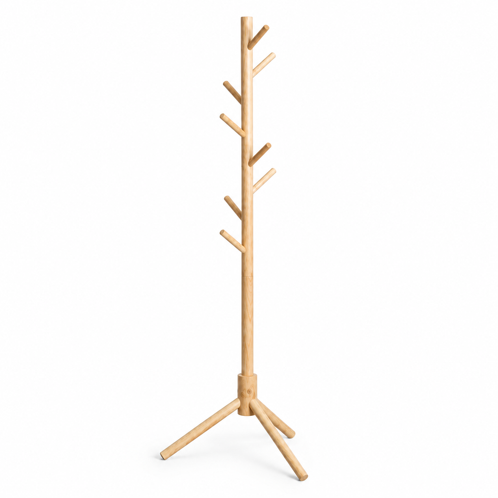 Porte-manteau sur pied en bois de pin naturel – 8 points de suspension
