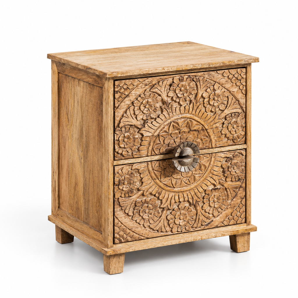Table de chevet en bois de manguier à 2 tiroirs – 40 × 30 cm