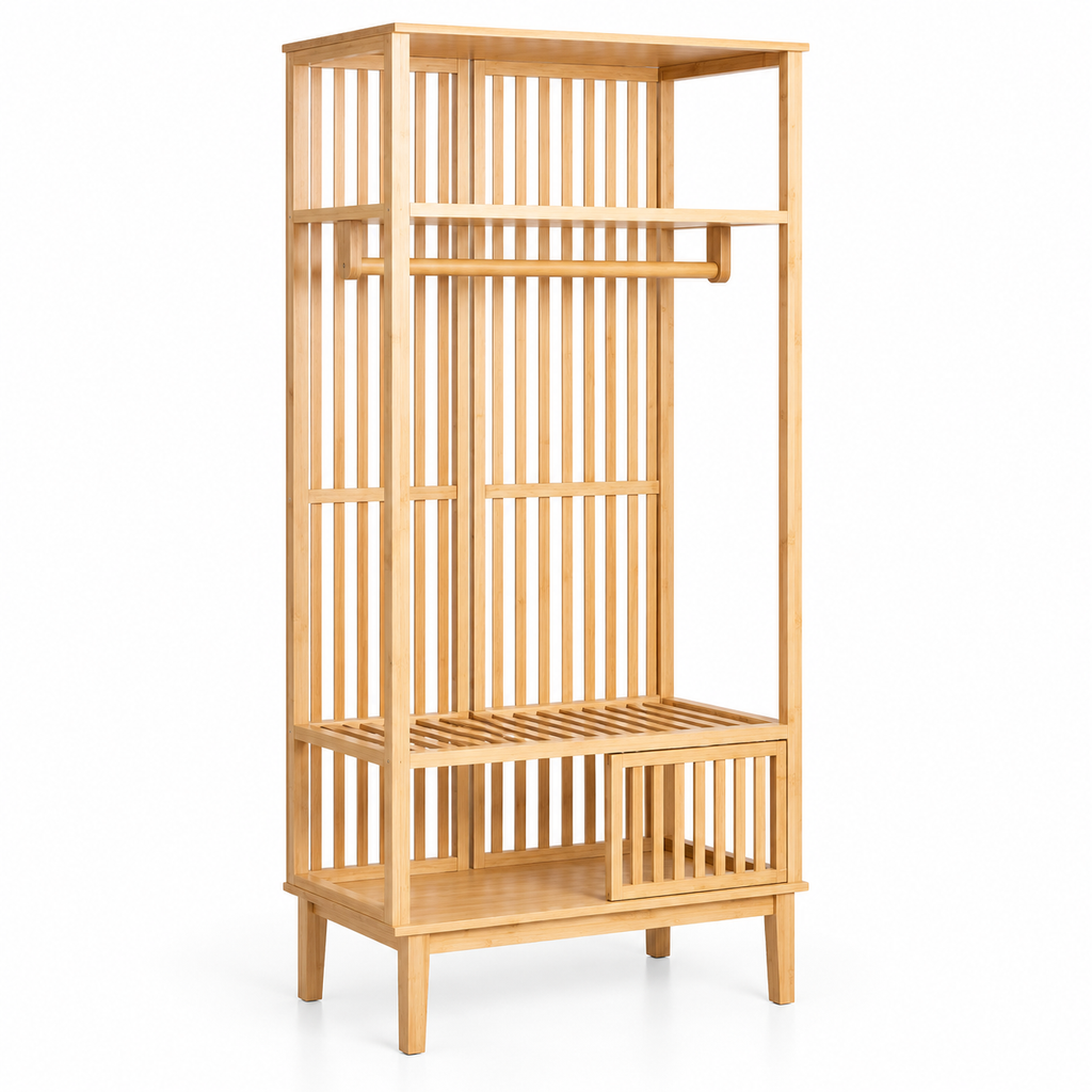 Armoire ouverte en bambou avec rangement à chaussures