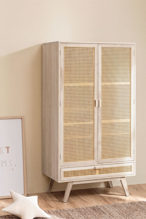 Armoire avec tiroir en bois de paulownia et rotin