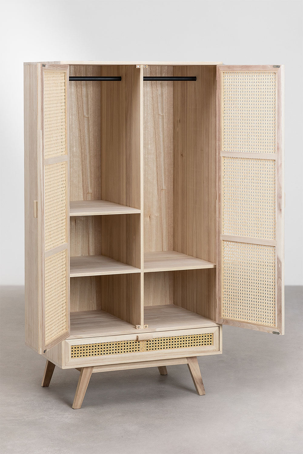 Armoire avec tiroir en bois de paulownia et rotin