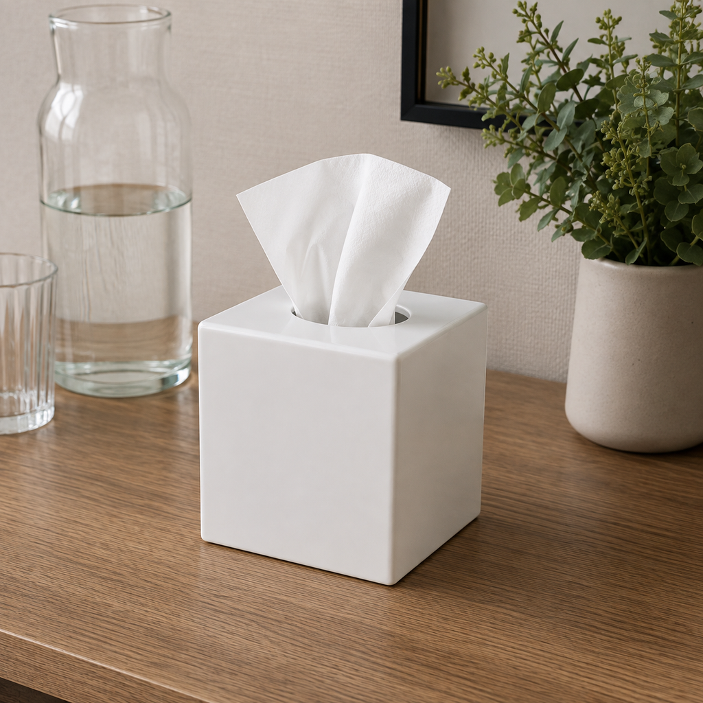 Distributeur de mouchoirs cube blanc ABS et sa recharge de mouchoirs