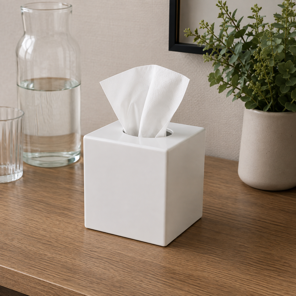Distributeur de mouchoirs cube blanc ABS et sa recharge de mouchoirs