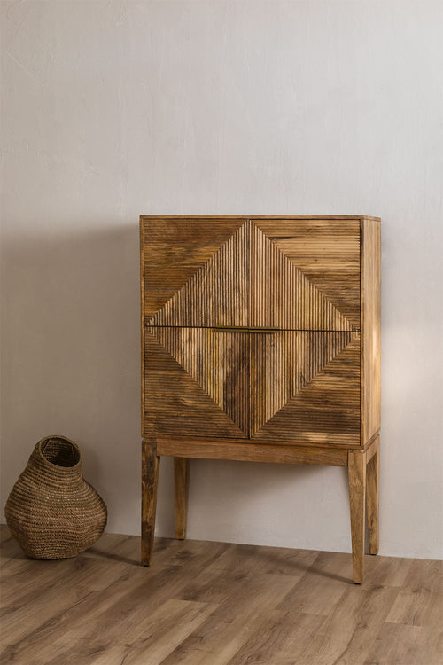 Buffet haut en bois de manguier à portes sculptées – 90 × 45 cm